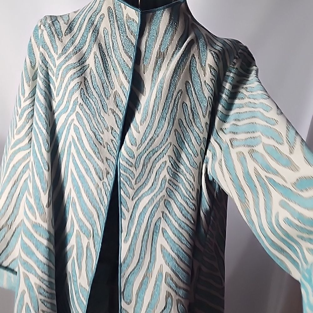 Reversible Aqua & Winter White Tapestry Open Jacket Sturdy Oversized Medium